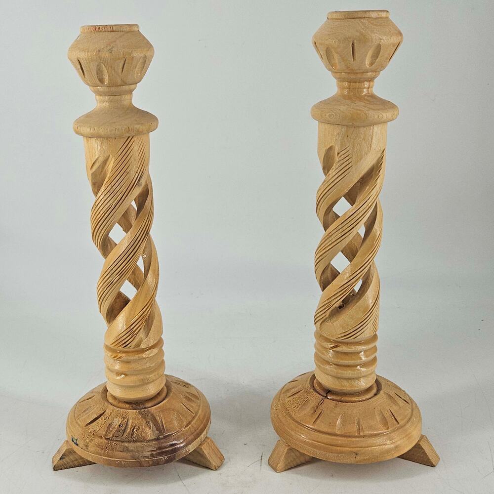 Vintage pair of spiral carved Wood Candle Stick Holders 10" tall